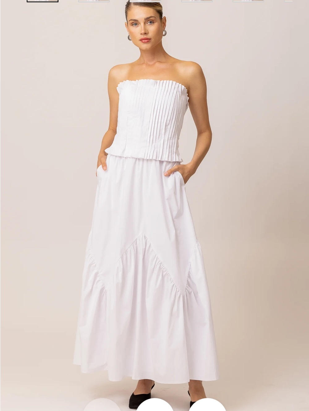 Line & Dot White Strapless Pleated Maxi Dress